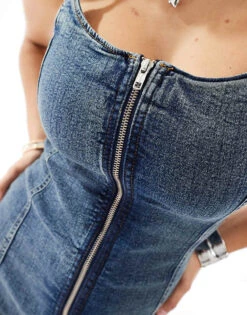 Monki Zip Up Mini Denim Dress In Washed Blue For Women 9 Monki Zip Up Mini Denim Dress In Washed Blue For Women -Monki Shop 206407256 3