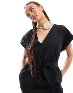 Monki Jumpsuit With Tie Waist In Black For Women -Monki Shop 206407304 4