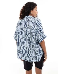 Monki Oversize Boxy Short Sleeve Blouse In Multi Blue Wave Print For Women Blue Multi -Monki Shop 206407332 4