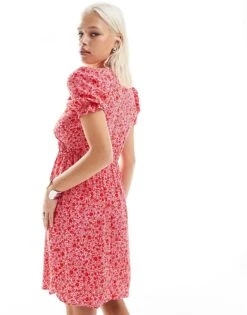 Monki Mini Smock Dress With Puff Sleeves In Pink Ditsy Floral Print For Women Pink And Red -Monki Shop 206407370 3