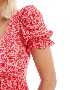 Monki Mini Smock Dress With Puff Sleeves In Pink Ditsy Floral Print For Women Pink And Red -Monki Shop 206407370 4