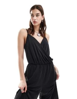 Monki Drapey Wide Leg Cami Jumpsuit With Wrap Front In Black For Women