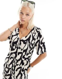 Monki Short Sleeve Jumpsuit With Wrap Front In Bold Mono Abstract Print For Women Multi -Monki Shop 206407394 4