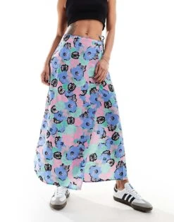 Monki Wrap Front Midi Skirt In Multi Artsy Pastel Flowers Print For Women -Monki Shop 206407402 1 multi 1