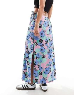 Monki Wrap Front Midi Skirt In Multi Artsy Pastel Flowers Print For Women -Monki Shop 206407402 5