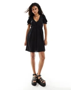 Monki Mini Smock Dress With Puff Sleeves In Black For Women -Monki Shop 206407418 1 black 1