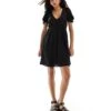 Monki Mini Smock Dress With Puff Sleeves In Black For Women