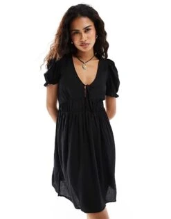 Monki Mini Smock Dress With Puff Sleeves In Black For Women -Monki Shop 206407418 4