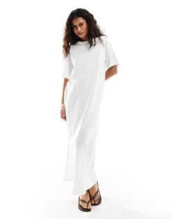 Monki Maxi T-shirt Dress With Side Split In White For Women