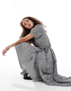 Monki Seersucker Wrap Midi Dress With Tiered Layers In Black And White Gingham For Women -Monki Shop 206440884 1 blackandwhite 1