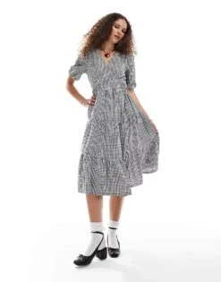 Monki Seersucker Wrap Midi Dress With Tiered Layers In Black And White Gingham For Women -Monki Shop 206440884 2