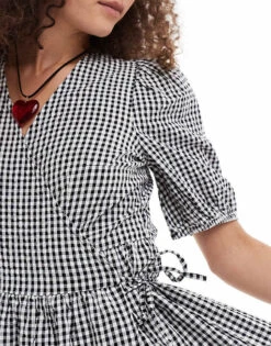 Monki Seersucker Wrap Midi Dress With Tiered Layers In Black And White Gingham For Women -Monki Shop 206440884 3