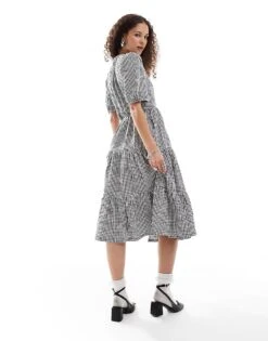 Monki Seersucker Wrap Midi Dress With Tiered Layers In Black And White Gingham For Women -Monki Shop 206440884 4