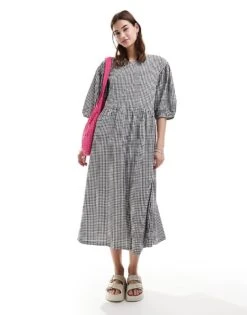 Monki Seersucker Smock Midi Dress In Black And White Gingham For Women -Monki Shop 206440887 1 blackandwhite 1