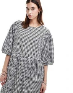 Monki Seersucker Smock Midi Dress In Black And White Gingham For Women -Monki Shop 206440887 2