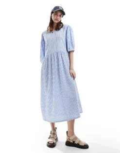 Monki Seersucker Smock Midi Dress In Blue And White Gingham For Women -Monki Shop 206440896 1 blueandwhite 1
