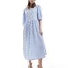 Monki Seersucker Smock Midi Dress In Blue And White Gingham For Women -Monki Shop 206440896 1 blueandwhite