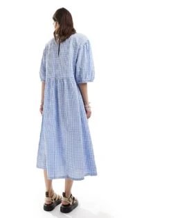 Monki Seersucker Smock Midi Dress In Blue And White Gingham For Women -Monki Shop 206440896 3