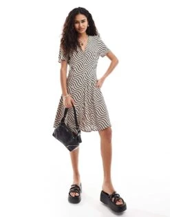 Monki Button Through Mini Dress With V Neck In Wave Print For Women