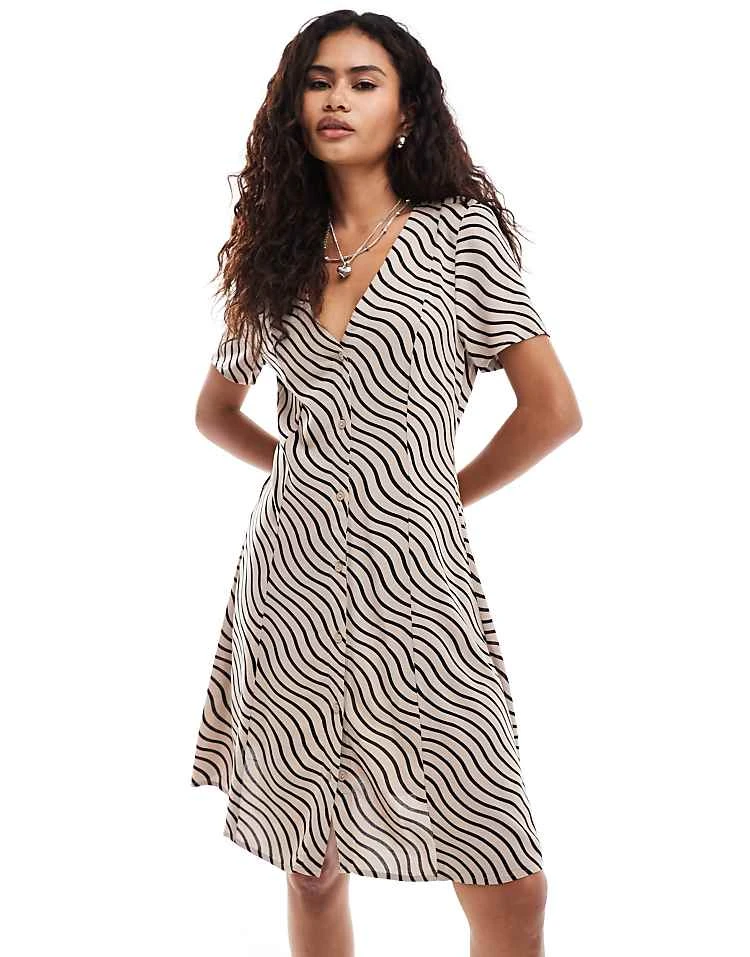 Monki Button Through Mini Dress With V Neck In Wave Print For Women 5 Monki Button Through Mini Dress With V Neck In Wave Print For Women - Image 3