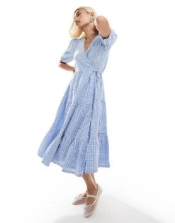 Monki Seersucker Wrap Midi Dress With Tiered Layers In Blue And White Gingham For Women -Monki Shop 206440984 1 blueandwhite 1