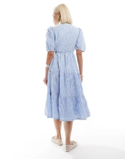 Monki Seersucker Wrap Midi Dress With Tiered Layers In Blue And White Gingham For Women -Monki Shop 206440984 2