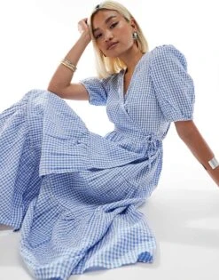 Monki Seersucker Wrap Midi Dress With Tiered Layers In Blue And White Gingham For Women -Monki Shop 206440984 4