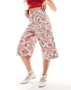 Monki Longline Culottes Shorts In Rose Print For Women Multi -Monki Shop 206441030 5