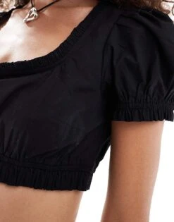 Monki Short Sleeve Milkmaid Cropped Poplin Top With Puff Sleeves In Black For Women -Monki Shop 206444530 2