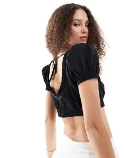 Monki Short Sleeve Milkmaid Cropped Poplin Top With Puff Sleeves In Black For Women -Monki Shop 206444530 4