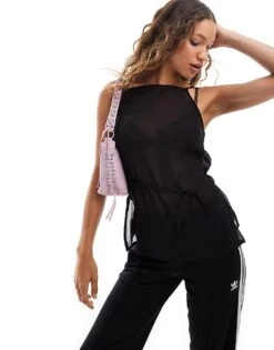 Monki Strappy Sheer Top With High Split On Slide And Tie Back In Black For Women 11 Monki Strappy Sheer Top With High Split On Slide And Tie Back In Black For Women -Monki Shop 206444549 1 black 1