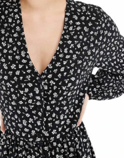 Monki Button Through Mini Dress In Mono Ditsy Print For Women Multi -Monki Shop 206444575 3