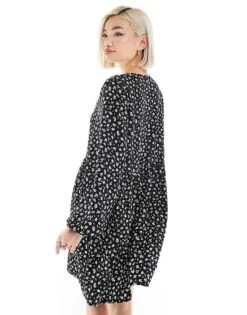 Monki Button Through Mini Dress In Mono Ditsy Print For Women Multi -Monki Shop 206444575 4
