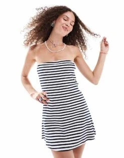 Monki Jersey Rib Bandeau Mini Dress With Swing Hem In Navy And White Stripes For Women Multi -Monki Shop 206444585 3