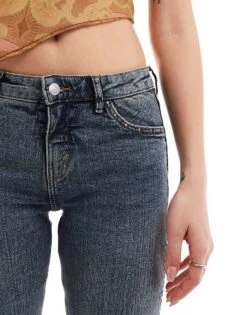 Monki Katsumi Low Waisted Boot Cut Flare Jeans With Stud Edging In Wash Canyon Blue For Women -Monki Shop 206444593 4