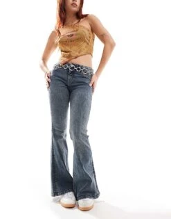 Monki Katsumi Low Waisted Boot Cut Flare Jeans With Stud Edging In Wash Canyon Blue For Women -Monki Shop 206444593 5