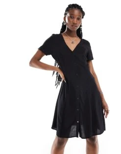 Monki Button Through Mini Dress With V Neck In Black For Women -Monki Shop 206444670 1 black 1