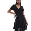 Monki Button Through Mini Dress With V Neck In Black For Women