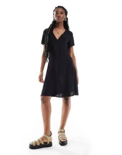 Monki Button Through Mini Dress With V Neck In Black For Women -Monki Shop 206444670 3
