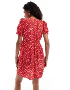Monki Mini Dress With Puff Sleeves And Tie Front In Red Ditsy Print For Women -Monki Shop 206444706 4