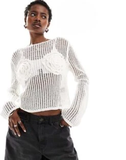Monki Long Sleeve Crochet Top With Rose Detail In White For Women -Monki Shop 206444713 1 white 1