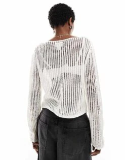 Monki Long Sleeve Crochet Top With Rose Detail In White For Women -Monki Shop 206444713 3