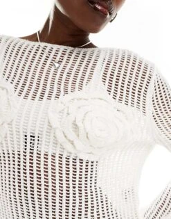 Monki Long Sleeve Crochet Top With Rose Detail In White For Women -Monki Shop 206444713 4