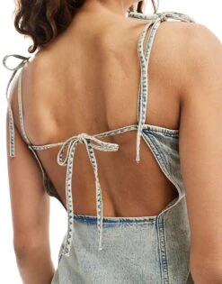 Monki Strappy Tie Up Mini Denim Dress In Beige Tint For Women -Monki Shop 206444829 3