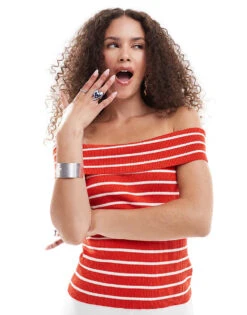 Monki Ribbed Knitted Off The Shoulder Bardot Top In Red And White Stripe For Women Red Stripe -Monki Shop 206444936 1 redstripe 1