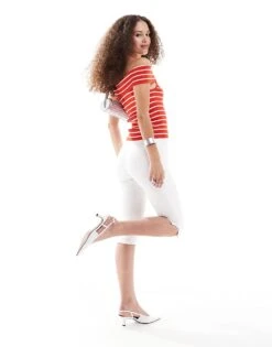 Monki Ribbed Knitted Off The Shoulder Bardot Top In Red And White Stripe For Women Red Stripe -Monki Shop 206444936 4