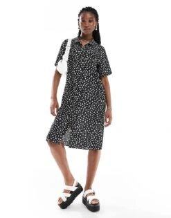 Monki Midi Shirt Dress In Mono Ditsy Print For Women Multi -Monki Shop 206444963 1 multi 1