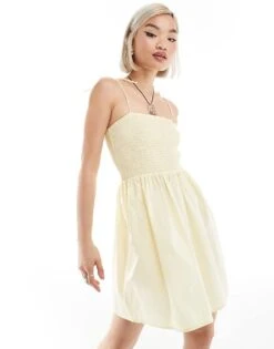 Monki Babydoll Mini Dress With Shirred Bandeau In Yellow For Women