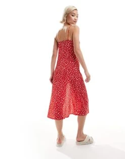 Monki Strappy Midi Dress With Split In Red Ditsy Print For Women -Monki Shop 206445067 3