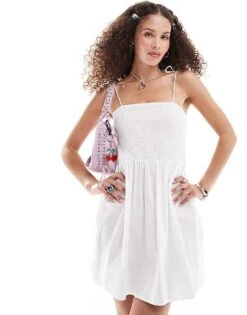 Monki Babydoll Shirred Tie Up Strappy Bandeau Mini Dress In White For Women